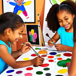 Creativity**

A group of diverse children happily painting colourful Mimi-themed pictures at an art competition. The scene should be bright and cheerful, with lots of art supplies and a backdrop showing winning artwork displayed in an online gallery style. Emphasize the joy of creation and participation.

**