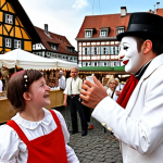 **

A mime artist, dressed in classic white attire, interacting playfully with visitors at a traditional German *Weinfest*. The mime is subtly mirroring the movements of a child, creating a lighthearted and engaging scene amidst the wine stands and festive atmosphere. Capture the *Gemütlichkeit* (coziness) of the event, with details like *Fachwerkhäuser* (timber-framed houses) in the background.

**