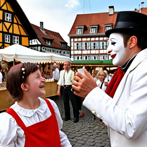 Home 7 **
A mime artist, dressed in classic white attire, interacting playfully with visitors at a traditional German *Weinfest*. The mime is subtly mirroring the movements of a child, creating a lighthearted and engaging scene amidst the wine stands and festive atmosphere. Capture the *Gemütlichkeit* (coziness) of the event, with details like *Fachwerkhäuser* (timber-framed houses) in the background.
**