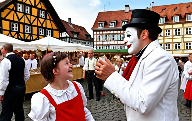 **
A mime artist, dressed in classic white attire, interacting playfully with visitors at a traditional German *Weinfest*. The mime is subtly mirroring the movements of a child, creating a lighthearted and engaging scene amidst the wine stands and festive atmosphere. Capture the *Gemütlichkeit* (coziness) of the event, with details like *Fachwerkhäuser* (timber-framed houses) in the background.
**