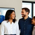 A diverse group of adults, fully clothed in modest, everyday casual wear, gathered in a brightly lit, modern living room. Each person has a genuine, authentic smile or expression of engaged curiosity while looking towards a shared large screen displaying abstract, heartwarming visuals. The background is softly blurred, focusing on their natural, joyful reactions. Perfect anatomy, correct proportions, well-formed hands, proper finger count, natural body proportions, professional photography, high quality, safe for work, appropriate content, fully clothed, family-friendly.