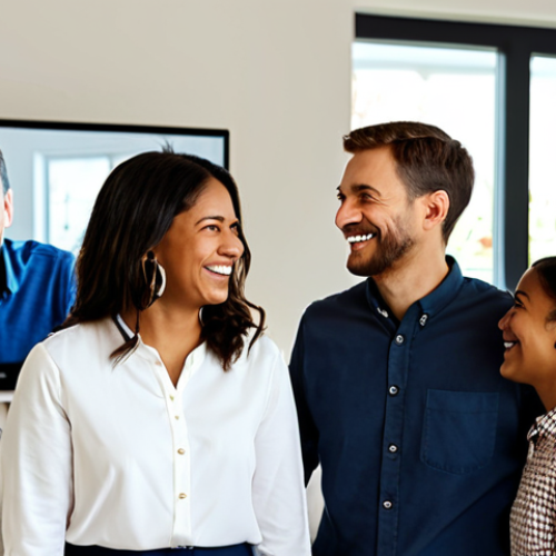 Home 27 A diverse group of adults, fully clothed in modest, everyday casual wear, gathered in a brightly lit, modern living room. Each person has a genuine, authentic smile or expression of engaged curiosity while looking towards a shared large screen displaying abstract, heartwarming visuals. The background is softly blurred, focusing on their natural, joyful reactions. Perfect anatomy, correct proportions, well-formed hands, proper finger count, natural body proportions, professional photography, high quality, safe for work, appropriate content, fully clothed, family-friendly.