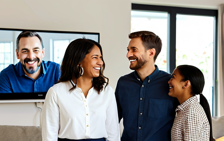 A diverse group of adults, fully clothed in modest, everyday casual wear, gathered in a brightly lit, modern living room. Each person has a genuine, authentic smile or expression of engaged curiosity while looking towards a shared large screen displaying abstract, heartwarming visuals. The background is softly blurred, focusing on their natural, joyful reactions. Perfect anatomy, correct proportions, well-formed hands, proper finger count, natural body proportions, professional photography, high quality, safe for work, appropriate content, fully clothed, family-friendly.