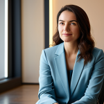 A professional female creative director in a modest, elegant business casual outfit, sitting comfortably in a warm, inviting modern studio. Her expression is thoughtful and empathetic, as if deeply connected to a narrative. Soft, warm lighting illuminates her, with subtle, abstract light trails subtly suggesting human connection emanating from her. The background is a gently blurred, professional workspace with contemporary design. perfect anatomy, correct proportions, natural pose, well-formed hands, proper finger count, natural body proportions, safe for work, appropriate content, fully clothed, professional, high quality studio photography, soft focus.