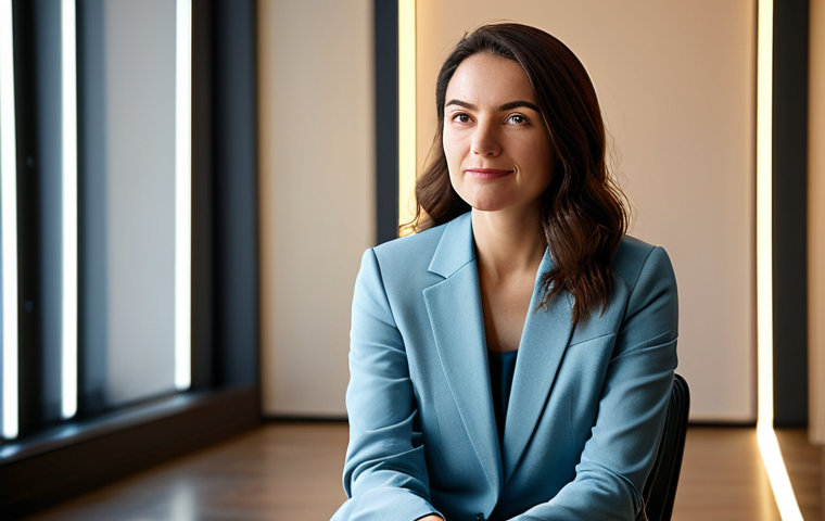 A professional female creative director in a modest, elegant business casual outfit, sitting comfortably in a warm, inviting modern studio. Her expression is thoughtful and empathetic, as if deeply connected to a narrative. Soft, warm lighting illuminates her, with subtle, abstract light trails subtly suggesting human connection emanating from her. The background is a gently blurred, professional workspace with contemporary design. perfect anatomy, correct proportions, natural pose, well-formed hands, proper finger count, natural body proportions, safe for work, appropriate content, fully clothed, professional, high quality studio photography, soft focus.