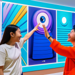 **

A vibrant and joyful scene of the "Mimi" offline exhibition.  Fans admiring interactive digital art installations featuring the character.  Bright colors, happy expressions, and a sense of community.  The scene should evoke the feeling of wonder and excitement.  Everyone is fully clothed in casual, appropriate attire. Safe for work, appropriate content, family-friendly, professional quality, perfect anatomy, natural proportions, well-formed hands, proper finger count.

**