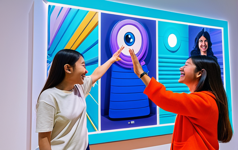 **

A vibrant and joyful scene of the "Mimi" offline exhibition.  Fans admiring interactive digital art installations featuring the character.  Bright colors, happy expressions, and a sense of community.  The scene should evoke the feeling of wonder and excitement.  Everyone is fully clothed in casual, appropriate attire. Safe for work, appropriate content, family-friendly, professional quality, perfect anatomy, natural proportions, well-formed hands, proper finger count.

**