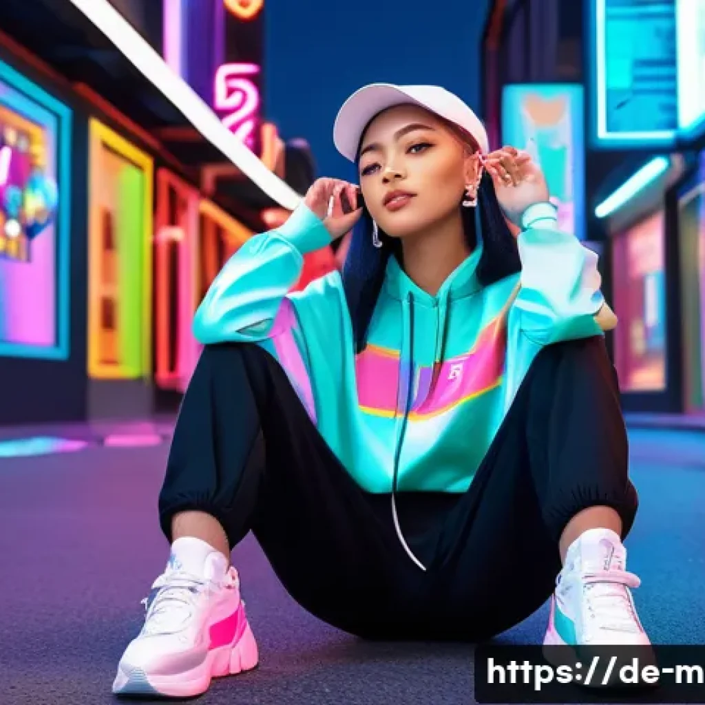 미미 캐릭터의 트렌드 변화 - A vibrant and colorful digital illustration of Mimi embracing modern streetwear style inspired by K-...