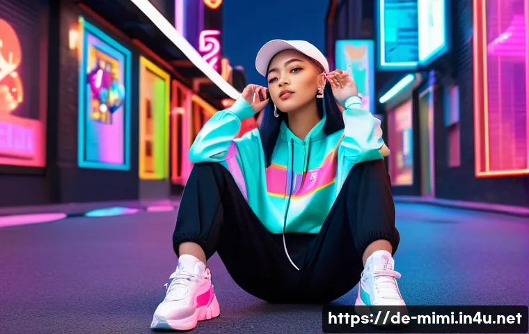 미미 캐릭터의 트렌드 변화 - A vibrant and colorful digital illustration of Mimi embracing modern streetwear style inspired by K-...