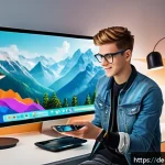 미미 캐릭터와 디지털 굿즈 - A young German adult creating a personalized 3D digital avatar in a bright, modern bedroom filled wi...