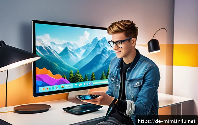 미미 캐릭터와 디지털 굿즈 - A young German adult creating a personalized 3D digital avatar in a bright, modern bedroom filled wi...